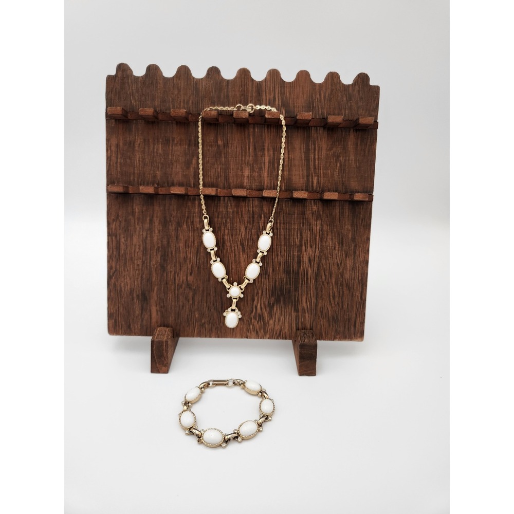 Vintage Jewelry Parure White Gold Mid-Century Milk Glass Y-Necklace Bracelet